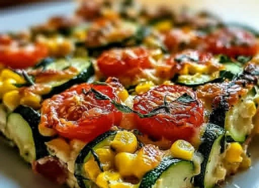 Cheesy zucchini corn tomato bake topped with crispy Parmesan crust