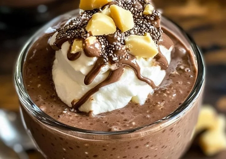 Delicious chia pudding topped with chocolate and peanut butter for a healthy dessert