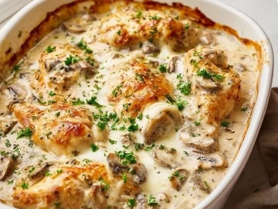Delicious Chicken Bake with Cream of Mushroom Soup served in a casserole dish