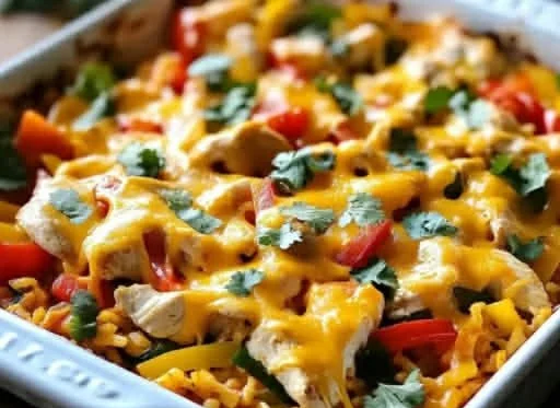 Baked Chicken Fajita Casserole topped with cheese and bell peppers for dinner.