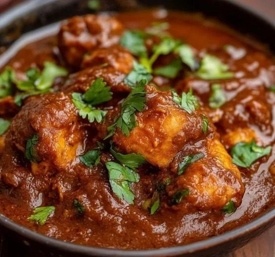 Delicious Chicken Rogan Josh dish garnished with herbs and spices