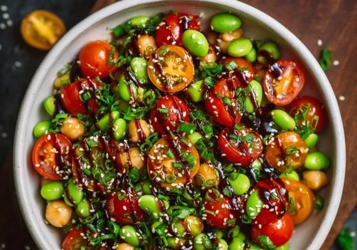 Chickpea and edamame salad in a colorful bowl, fresh and healthy ingredients