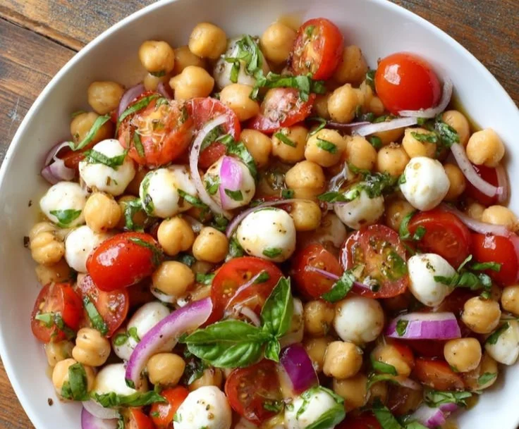 Chickpea Caprese Salad with fresh basil, tomatoes, and mozzarella