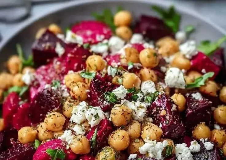 Chickpeas, beet, and feta salad in a bowl, showcasing vibrant colors and healthy ingredients.