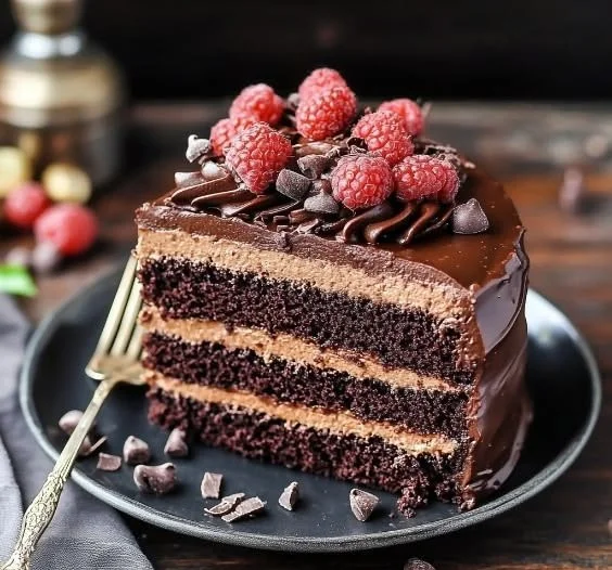 Delicious chocolate cake topped with creamy Nutella frosting