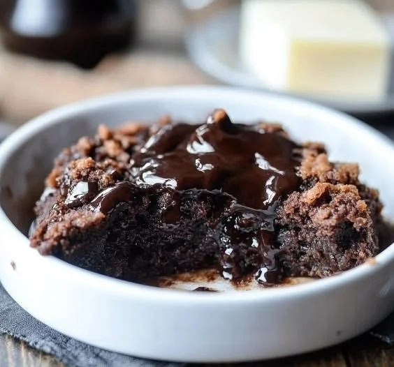 Delicious Chocolate Cobbler topped with vanilla ice cream