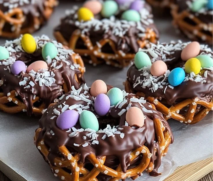 Chocolate-covered pretzel nests arranged on a decorative plate