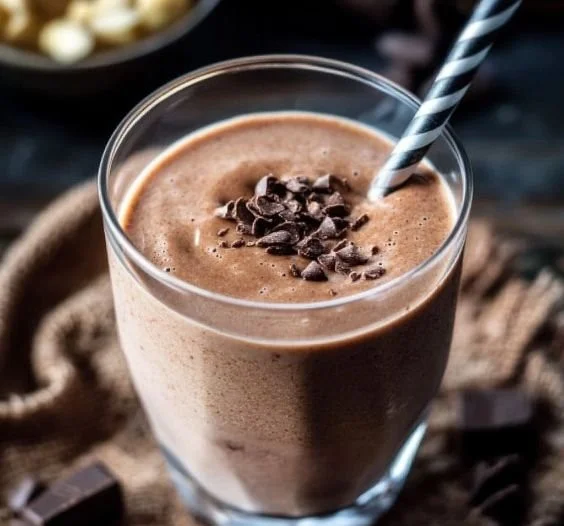 Chocolate Peanut Butter Protein Shake in a glass with a straw