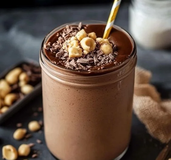Delicious chocolate peanut butter protein smoothie in a glass with a straw