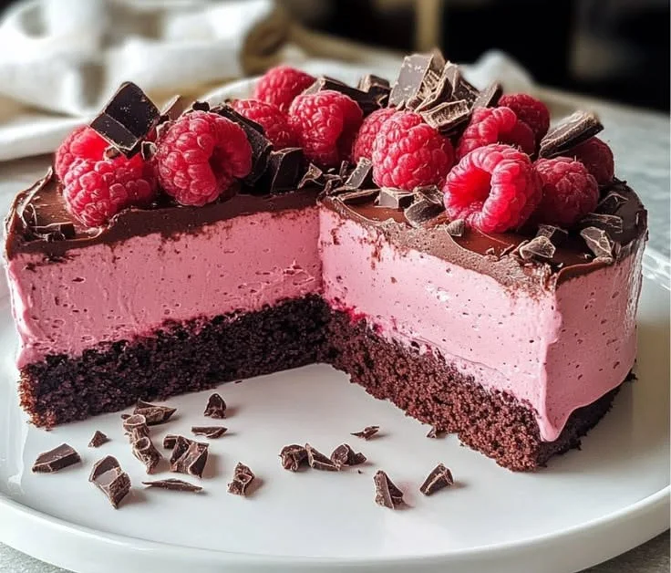 Slice of decadent Chocolate Raspberry Mousse Cake topped with fresh raspberries