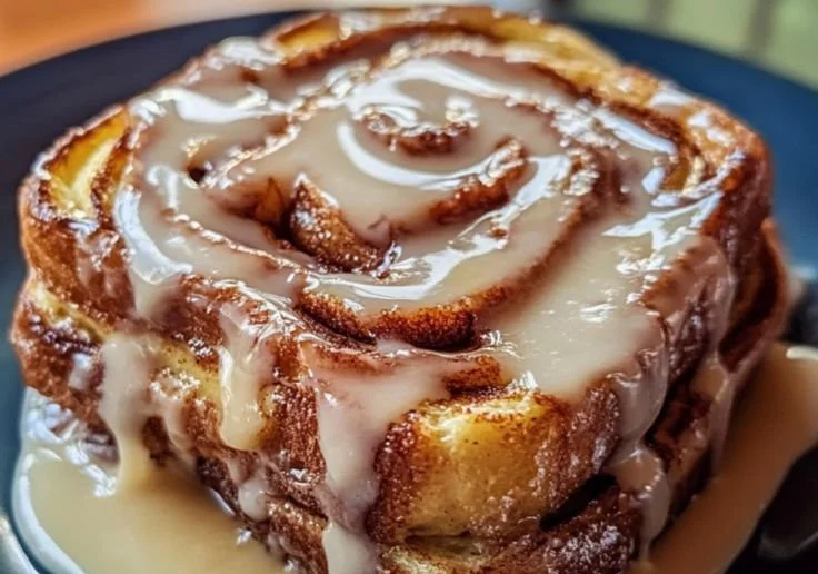 Delicious cinnamon roll French toast topped with cream and strawberries.