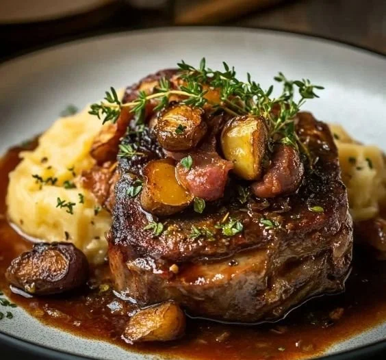 Delicious classic beef osso buco with herbs and vegetables served in a plate