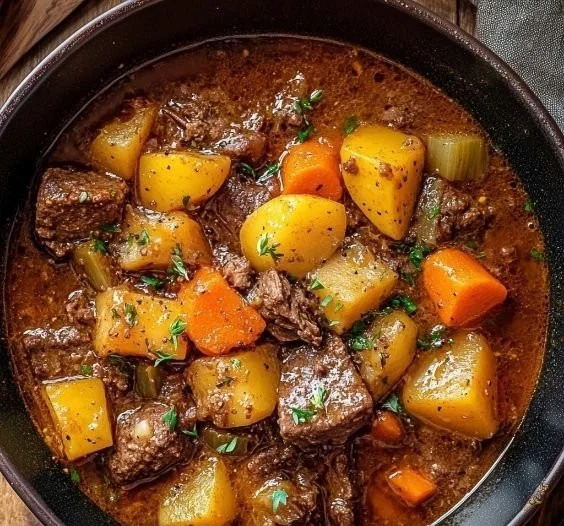 A bowl of classic beef stew filled with tender meat and vegetables