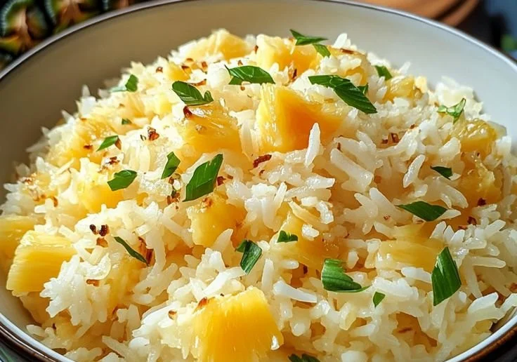 Bowl of Coconut Pineapple Rice topped with fresh pineapple and coconut flakes