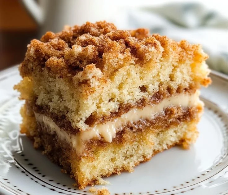 Delicious homemade coffee cake with a crumbly topping and coffee cup