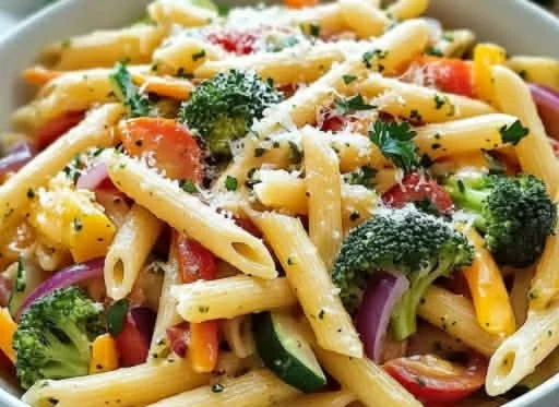 Delicious colorful Pasta Primavera served with fresh vegetables