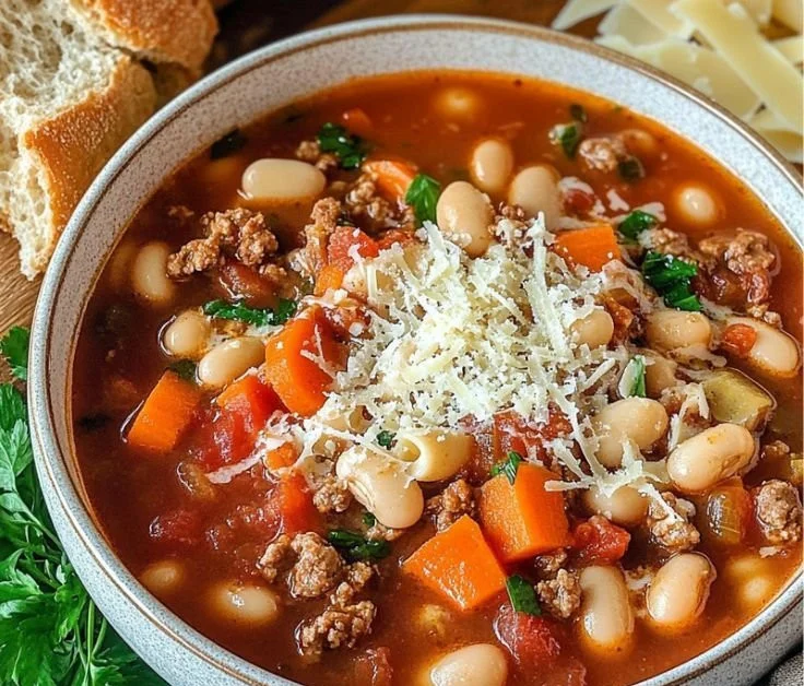 Delicious bowl of Olive Garden-style Pasta e Fagioli soup topped with herbs