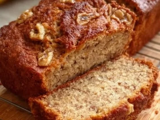 Moist Cottage Cheese Banana Bread sliced on a wooden board