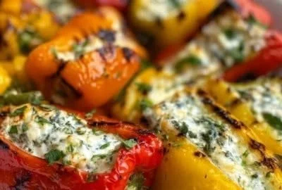 Plate of cream cheese stuffed mini peppers garnished with herbs