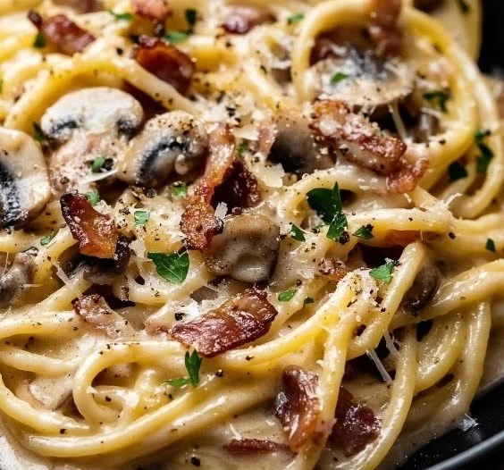 Creamy bacon pasta with mushrooms on a plate, garnished with parsley.