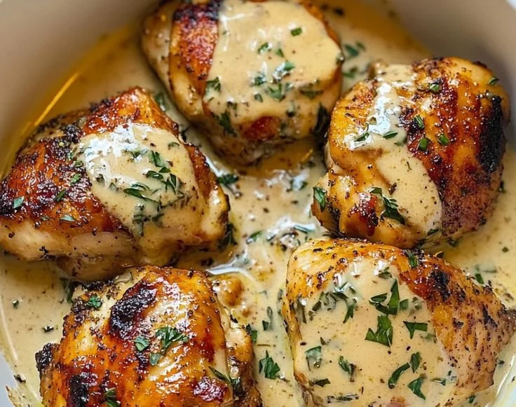 Creamy Cajun Garlic Chicken Thighs garnished with fresh herbs