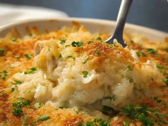 Creamy Chicken and Rice Casserole recipe served in a baking dish