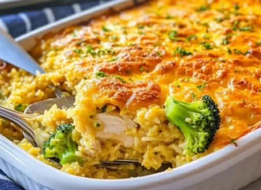 Creamy chicken broccoli rice casserole baked and served in a dish.