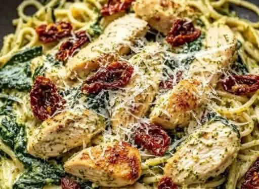 Creamy chicken pesto pasta with spinach served in a bowl, garnished with parmesan.