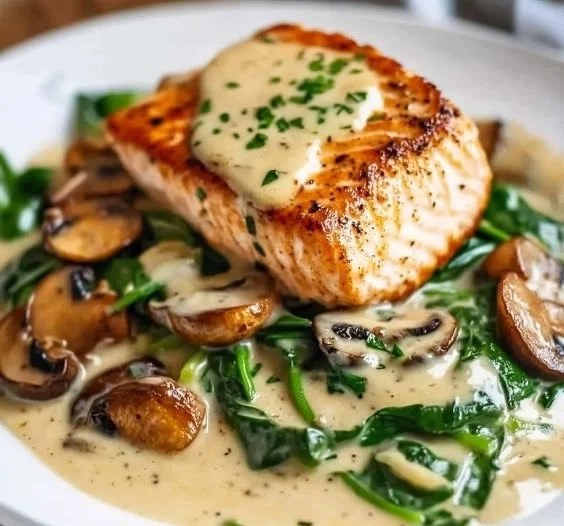 Plate of creamy garlic butter salmon garnished with herbs