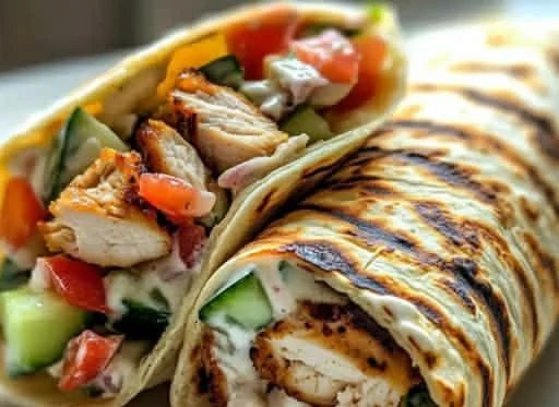 Creamy grilled chicken wrap with fresh vegetables and sauce