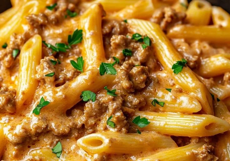 Creamy high-protein beef pasta dish on a plate with fresh herbs