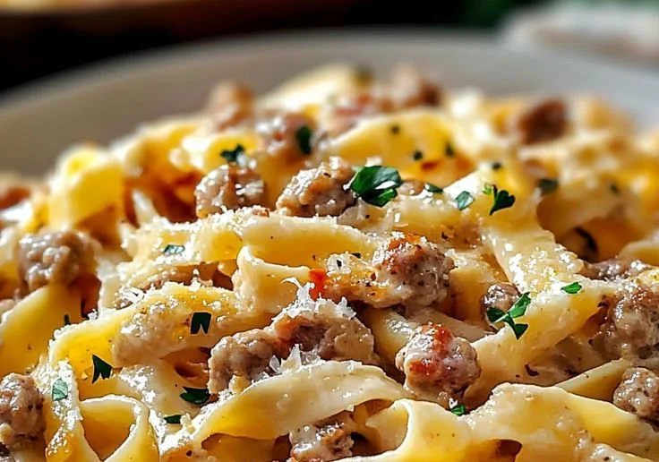 Creamy Italian Sausage Fettuccine served with fresh herbs and Parmesan cheese.