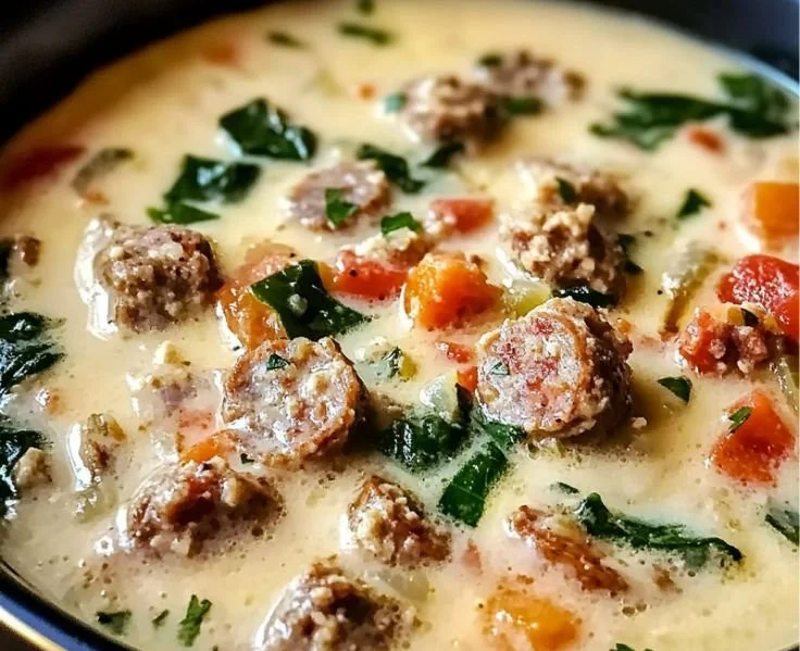 Creamy Italian Sausage Parmesan Soup in a bowl, garnished with herbs