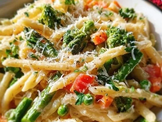 Creamy Parmesan Pasta Primavera with colorful vegetables