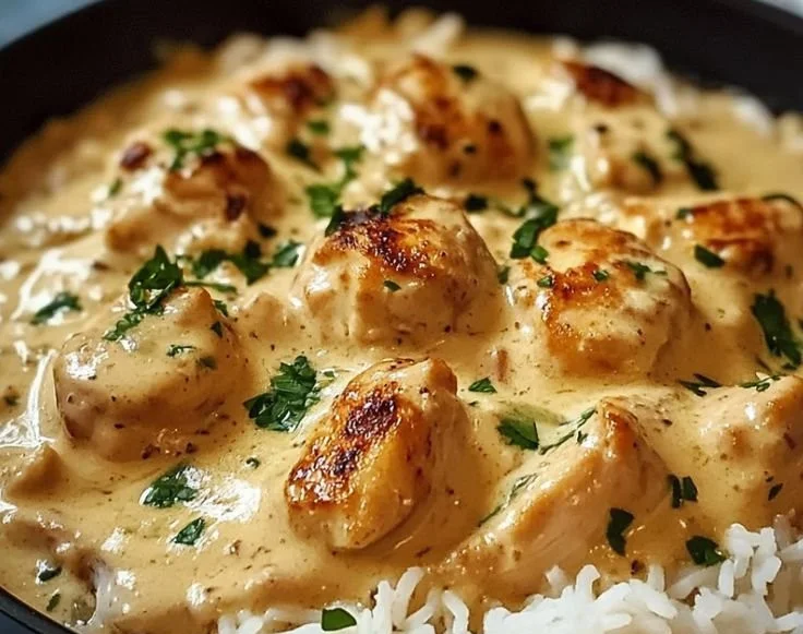 Creamy smothered chicken served over rice, garnished for presentation.