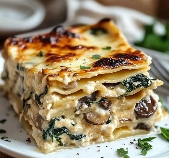 Creamy spinach and mushroom lasagna with layers of cheese and fresh ingredients