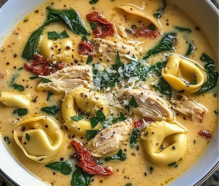 Bowl of creamy Tuscan-Style Chicken Tortellini Soup with herbs and bread.