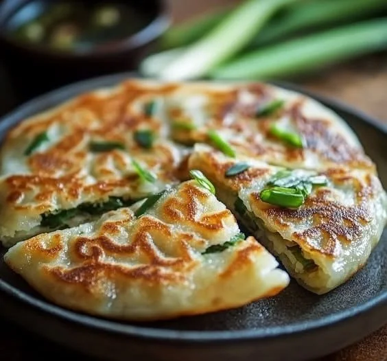 Crispy Chinese scallion pancakes served on a plate