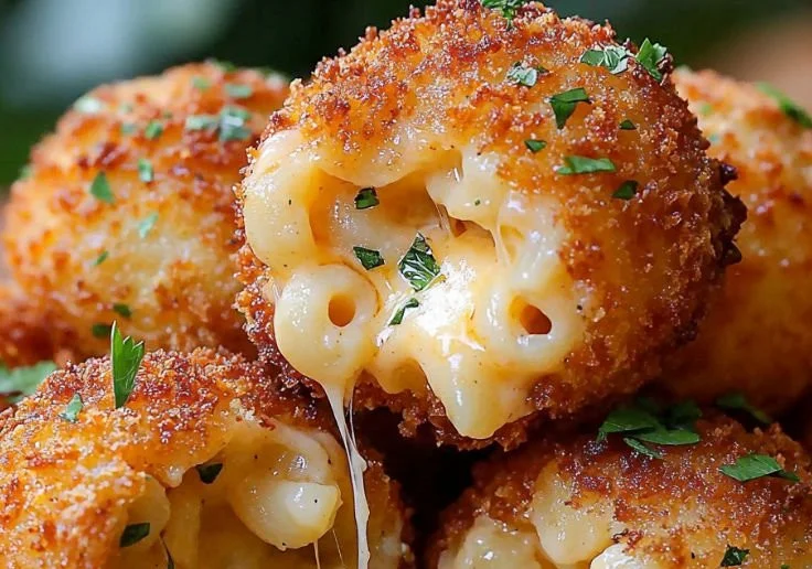 Crispy fried macaroni and cheese balls served on a plate