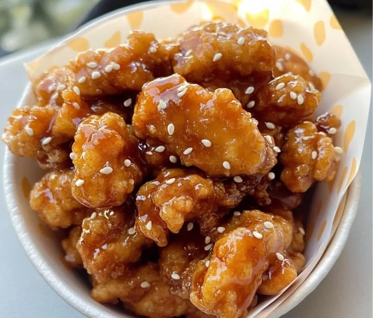Crispy homemade orange chicken plated with garnishes.