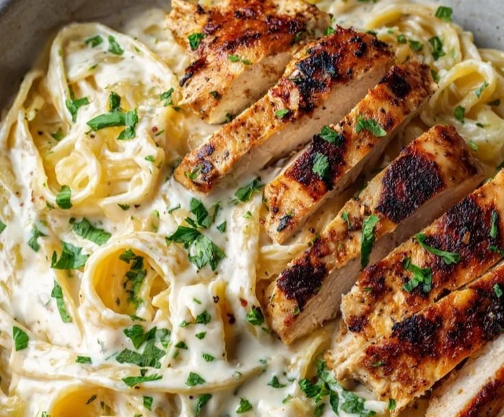 Plate of crispy lemon garlic chicken spaghetti garnished with herbs