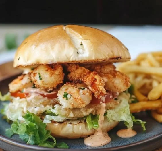 Crispy shrimp burger garnished with lettuce and sauce on a bun