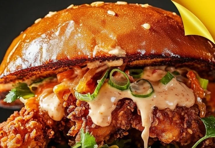 Crispy Thai fried chicken sandwich served with fresh toppings and sauce.