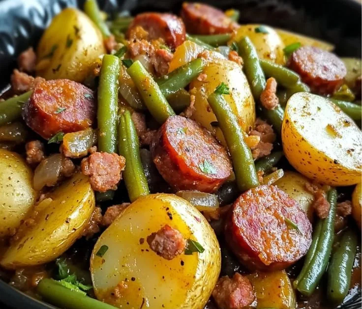 Crock pot swamp potatoes with sausage and mixed veggies in a savory dish