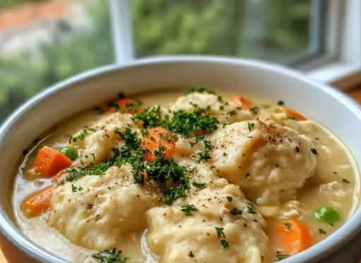 Delicious bowl of Crockpot chicken and dumplings for a cozy meal