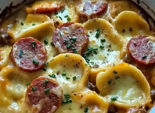 Crockpot Pierogi Casserole with Kielbasa served in a rustic dish