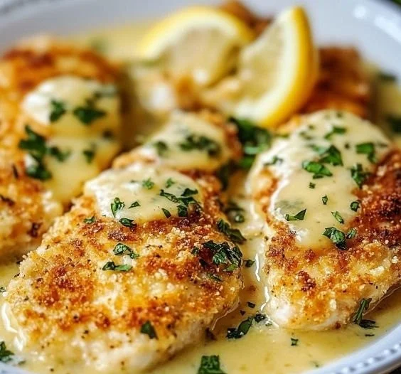 Crusted Chicken Romano dish topped with Romano cheese and herbs