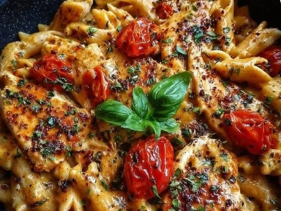Bowl of Dairy-Free Marry Me Chicken Pasta with herbs and cherry tomatoes