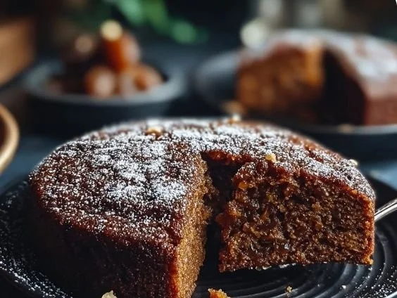 Four-ingredient Date Cake garnished with nuts and served on a plate.