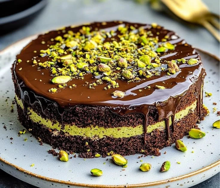 Deliciously rich Dubai Chocolate Cake served on a decorative plate